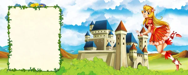 森林附近有美丽城堡的卡通自然场景 附有文字标题页的框架 儿童图解 — 图库照片