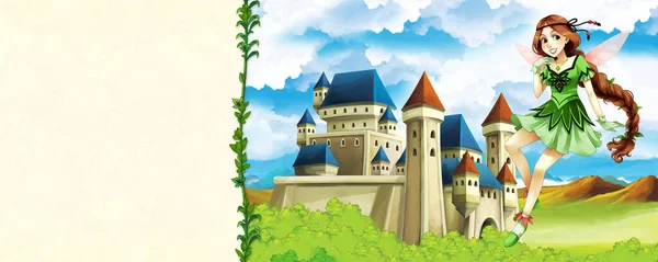 Kreskówkowa Scena Przyrodnicza Pięknym Zamkiem Pobliżu Lasu Ramką Tekst Strona — Zdjęcie stockowe