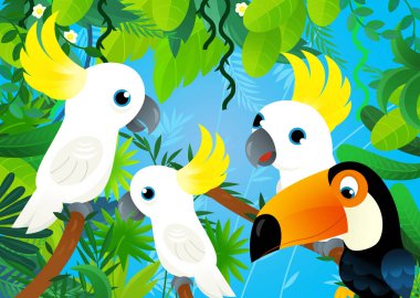 Ormanlı çizgi film sahnesi ve çocuklar için papağan resimleriyle birlikte olan hayvanlar.