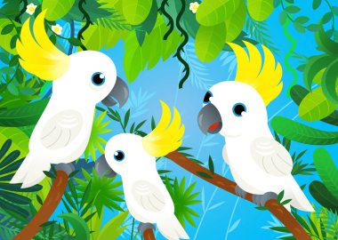 Ormanlı çizgi film sahnesi ve çocuklar için papağan resimleriyle birlikte olan hayvanlar.