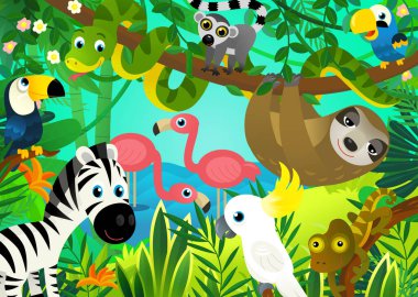 Ormanlı çizgi film sahnesi ve çocuklar için papağan resimleriyle birlikte olan hayvanlar.