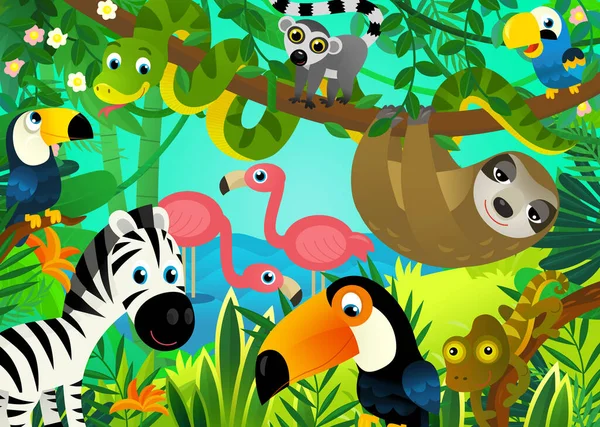 정글과 동물과 함께하고있는 Tucan 아이들을위한 일러스트 — 스톡 사진