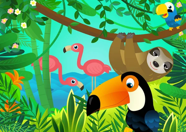 cartoon scene with jungle and animals being together with tucan bird illustration for kids