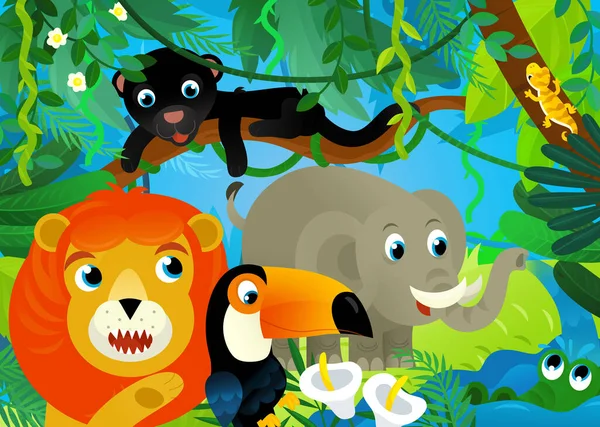 Cartoon Scene Jungle Animals Being Together Tucan Bird Illustration Kids — Stock Photo, Image