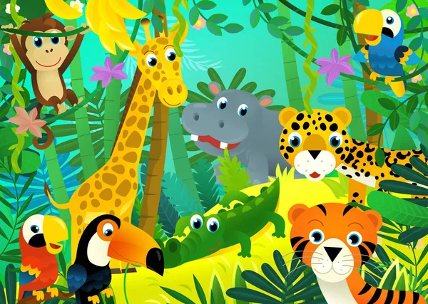Σκηνή Κινουμένων Σχεδίων Ζούγκλα Και Ζώα Είναι Μαζί Tucan Απεικόνιση — Φωτογραφία Αρχείου