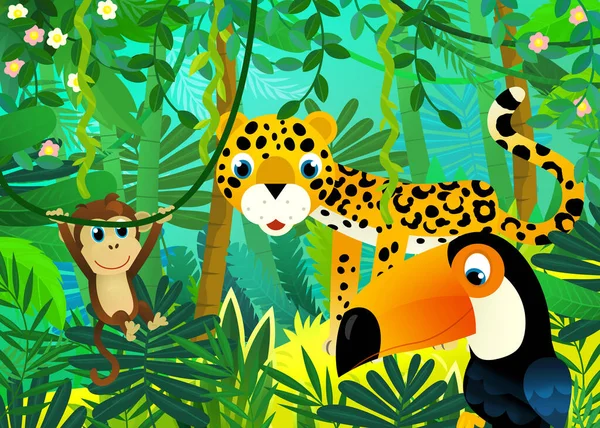 与丛林和动物在一起的卡通场景 以及为孩子们提供的可教鸟类图解 — 图库照片