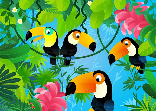 Kreslená Scéna Džunglí Zvířata Jsou Spolu Tucan Pták Ilustrace Pro — Stock fotografie