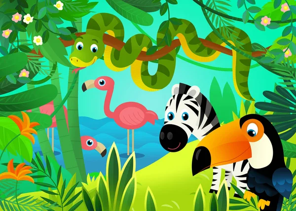 Rajzfilm Jelenet Dzsungel Állatok Együtt Tucan Madár Illusztráció Gyerekeknek — Stock Fotó