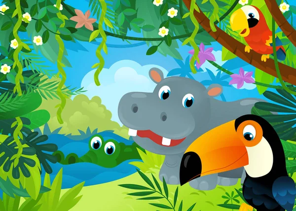 子供のためのタカン鳥のイラストと一緒にジャングルや動物との漫画のシーン — ストック写真