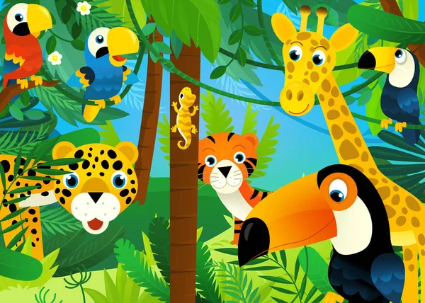 Zeichentrickszene Mit Dschungel Und Tieren Zusammen Mit Tucan Vogel Illustration — Stockfoto