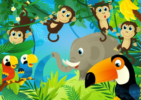 Cartoon Scene Jungle Animals Being Together Tucan Bird Illustration Kids — Stock Photo, Image