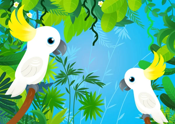 与丛林和动物在一起的卡通场景 还有为孩子们准备的鹦鹉图解 — 图库照片