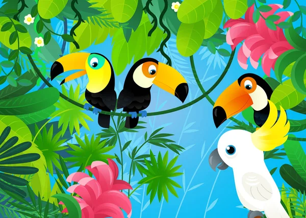 子供のためのオウムイラストと一緒にジャングルや動物との漫画のシーン — ストック写真