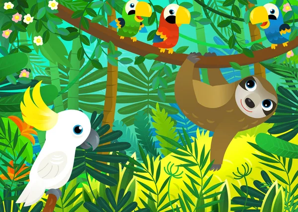 Escena Dibujos Animados Con Selva Los Animales Que Están Juntos —  Fotos de Stock
