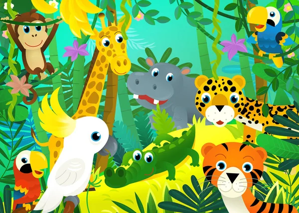 Rajzfilm Jelenet Dzsungel Állatok Együtt Papagáj Illusztráció Gyerekeknek — Stock Fotó
