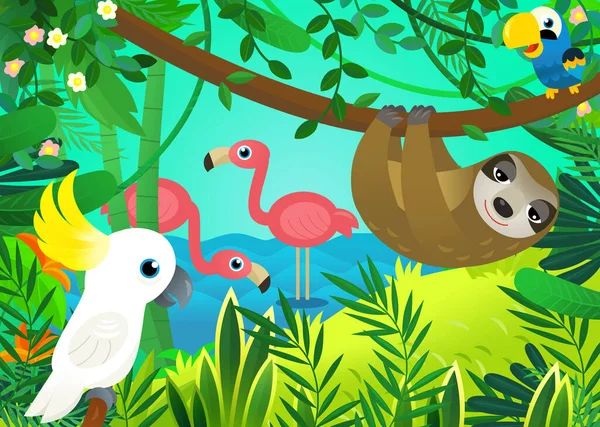 Kreslená Scéna Džunglí Zvířata Jsou Spolu Papouškem Ilustrace Pro Děti — Stock fotografie