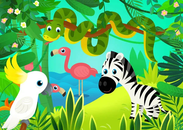 Zeichentrickszene Mit Dschungel Und Tieren Zusammen Mit Papageienillustration Für Kinder — Stockfoto