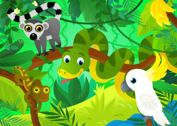 Kreskówka Scena Dżungli Zwierząt Jest Razem Papuga Ilustracja Dla Dzieci — Zdjęcie stockowe