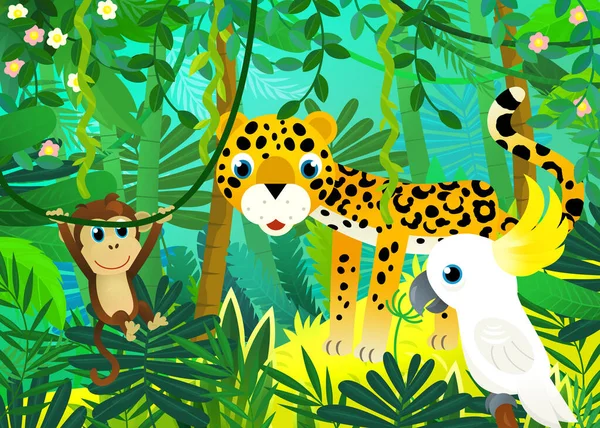 子供のためのオウムイラストと一緒にジャングルや動物との漫画のシーン — ストック写真