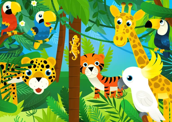 Cartoon Scene Met Jungle Dieren Samen Met Papegaai Illustratie Voor — Stockfoto