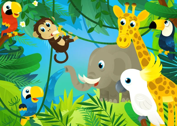 Rajzfilm Jelenet Dzsungel Állatok Együtt Papagáj Illusztráció Gyerekeknek — Stock Fotó