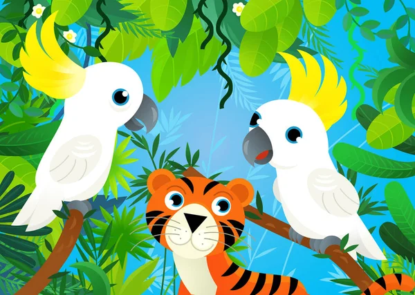与丛林和动物在一起的卡通片场景 还有给孩子们的老虎图解 — 图库照片