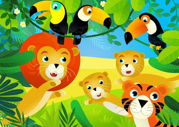 cartoon scene with jungle and animals being together with tiger illustration for kids