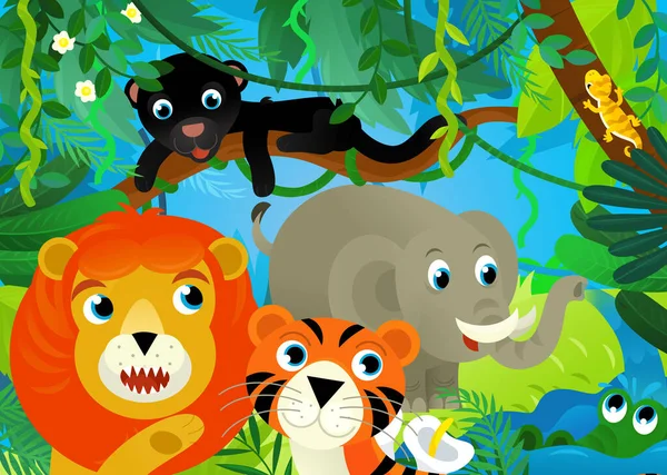 Escena Dibujos Animados Con Selva Los Animales Que Están Juntos — Foto de Stock
