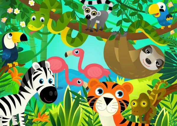 与丛林和动物在一起的卡通片场景 还有给孩子们的老虎图解 — 图库照片