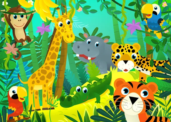 Scène Dessin Animé Avec Jungle Animaux Étant Ensemble Avec Illustration — Photo