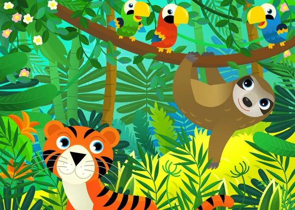 Cartoon Scene Met Jungle Dieren Samen Met Tijger Illustratie Voor — Stockfoto
