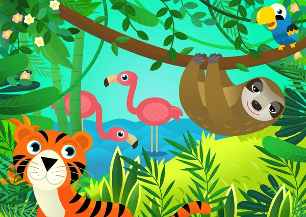 Cartoon Scene Met Jungle Dieren Samen Met Tijger Illustratie Voor — Stockfoto