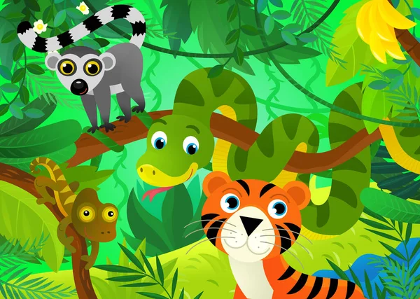Rajzfilm Jelenet Dzsungel Állatok Együtt Tigris Illusztráció Gyerekeknek — Stock Fotó