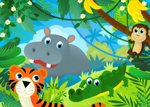 Kreslená Scéna Džunglí Zvířata Jsou Spolu Tygří Ilustrací Pro Děti — Stock fotografie