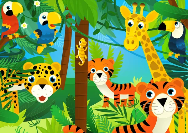 Σκηνή Κινουμένων Σχεδίων Ζούγκλα Και Ζώα Είναι Μαζί Την Απεικόνιση — Φωτογραφία Αρχείου