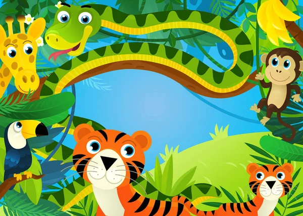 Kreslená Scéna Džunglí Zvířata Jsou Spolu Tygří Ilustrací Pro Děti — Stock fotografie