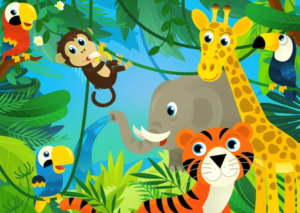 cartoon scene with jungle and animals being together with tiger illustration for kids