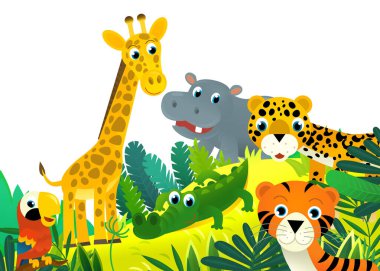 Orman ve hayvanların bir arada olduğu karikatür sahnesi çocuklar için çerçeve çizimi