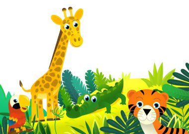 Orman ve hayvanların bir arada olduğu karikatür sahnesi çocuklar için çerçeve çizimi