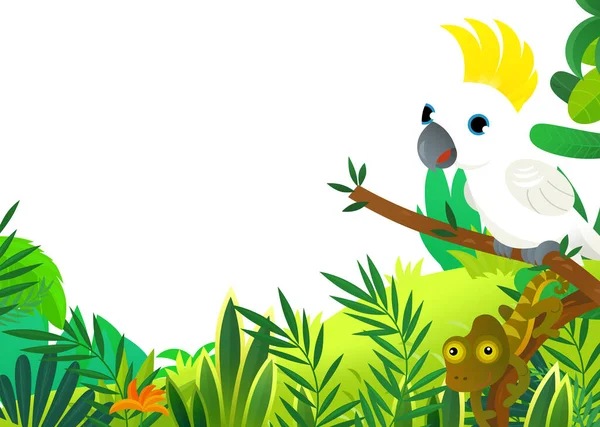 cartoon scene with jungle and animals being together as frame illustration for kids