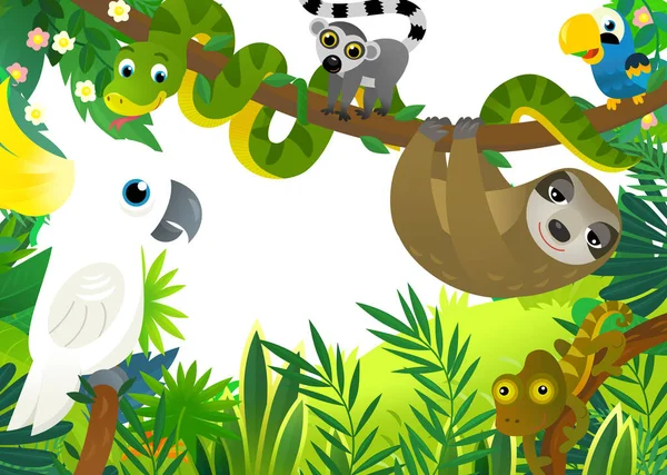 子供のためのフレームイラストとして一緒にジャングルや動物と漫画のシーン — ストック写真