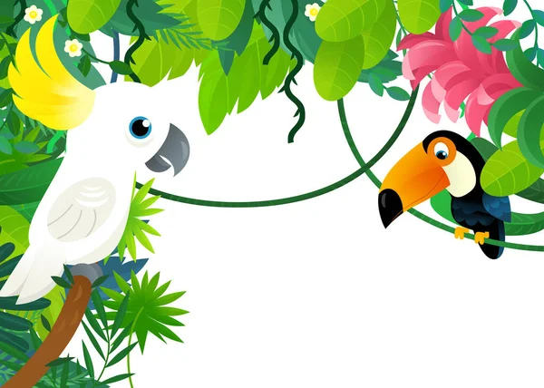 cartoon scene with jungle and animals being together as frame illustration for kids