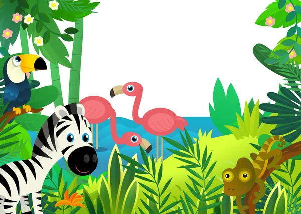 子供のためのフレームイラストとして一緒にジャングルや動物と漫画のシーン — ストック写真