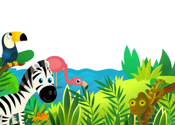 以丛林和动物在一起的卡通片场景作为孩子们的画框 — 图库照片