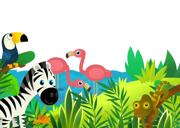 以丛林和动物在一起的卡通片场景作为孩子们的画框 — 图库照片