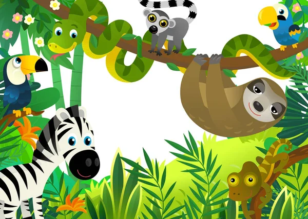 Cartoon Scene Met Jungle Dieren Samen Als Frame Illustratie Voor — Stockfoto
