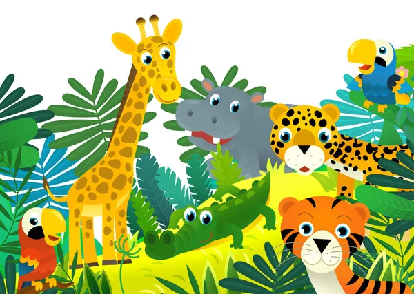 Σκηνή Κινουμένων Σχεδίων Ζούγκλα Και Ζώα Είναι Μαζί Απεικόνιση Πλαίσιο — Φωτογραφία Αρχείου