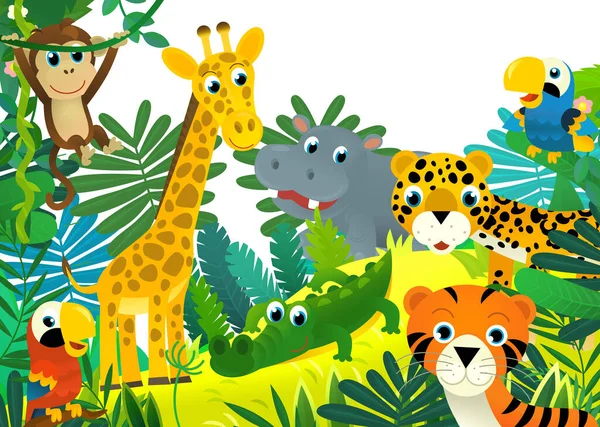 Escena Dibujos Animados Con Selva Los Animales Juntos Como Ilustración —  Fotos de Stock