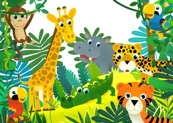 cartoon scene with jungle and animals being together as frame illustration for kids