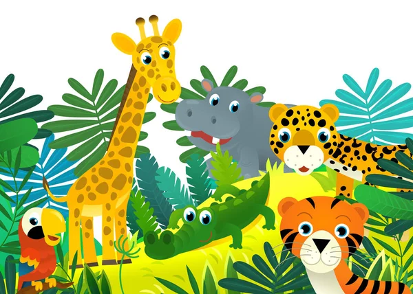 Rajzfilm Jelenet Dzsungel Állatok Együtt Mint Keret Illusztráció Gyerekeknek — Stock Fotó